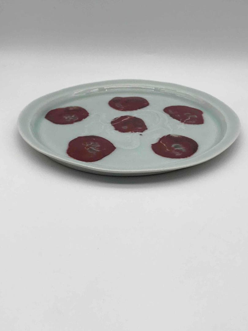 元時代　白釉釉裏紅飛斑暗刻龍紋盤　古盤　皿　唐物　古賞物　(D-43)