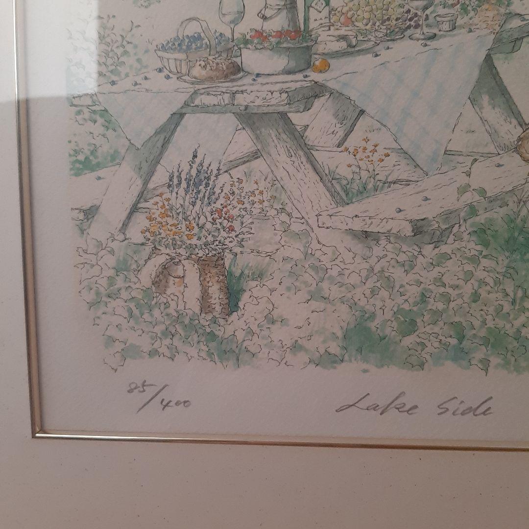 内田新哉　リトグラフ　レイクサイド サイン有り　白と金の額縁