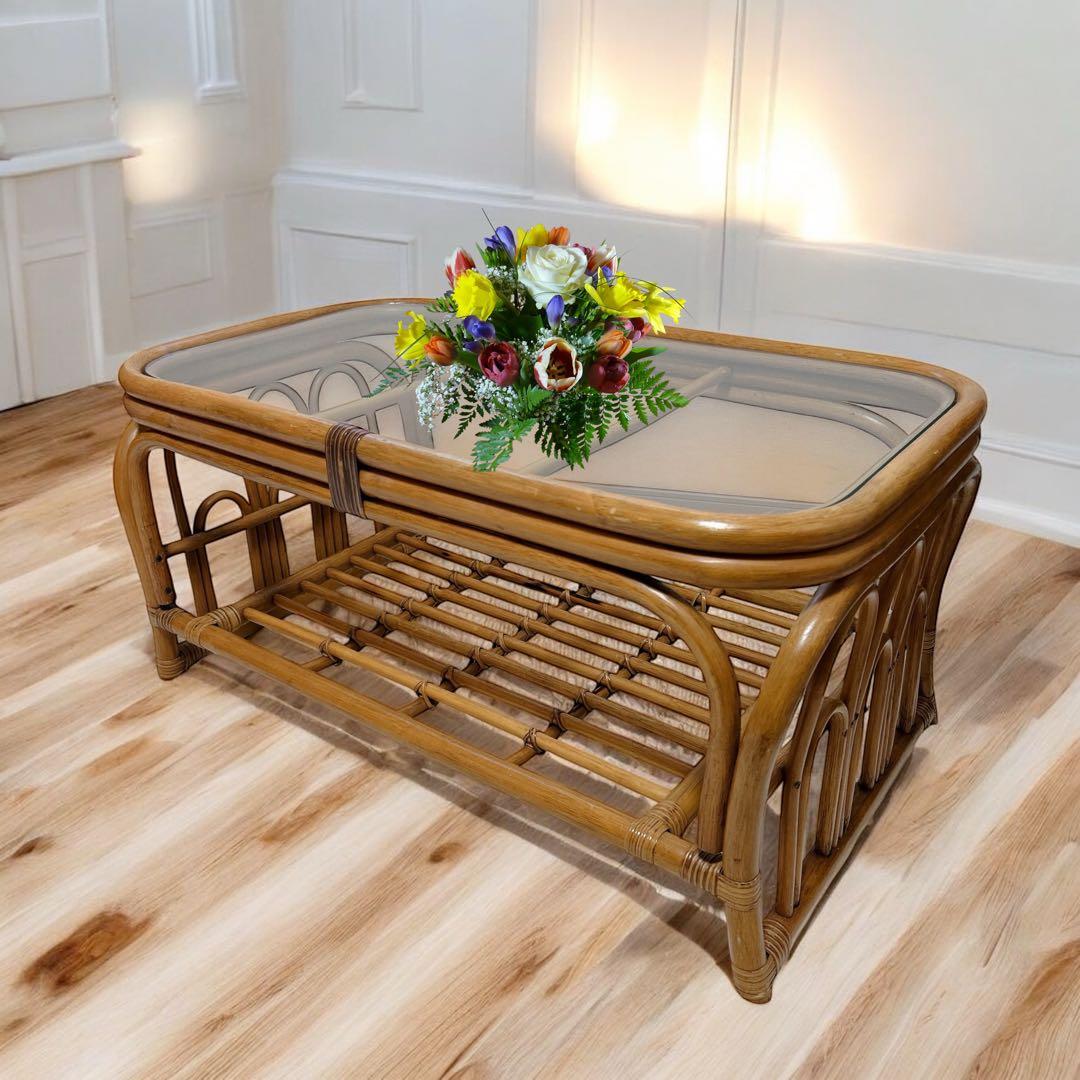 美品 ヴィンテージ ラタンテーブル 籐 コーヒーテーブル センターテーブル 棚付