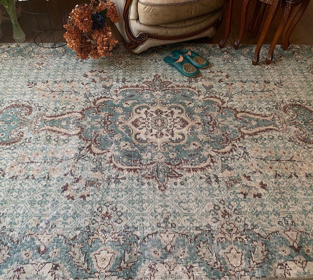 超大判　269×150宝石メダリオン　ピーコックグリーン　トルコヴィンテージラグ