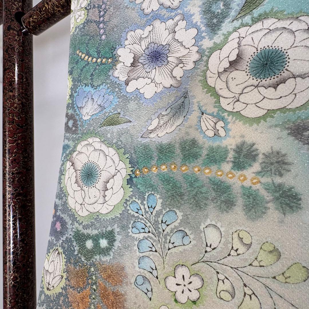 超美品　正絹　袷　広襟　訪問着　167裄66 エメラルド　吉野一廉　落款　辻ヶ花