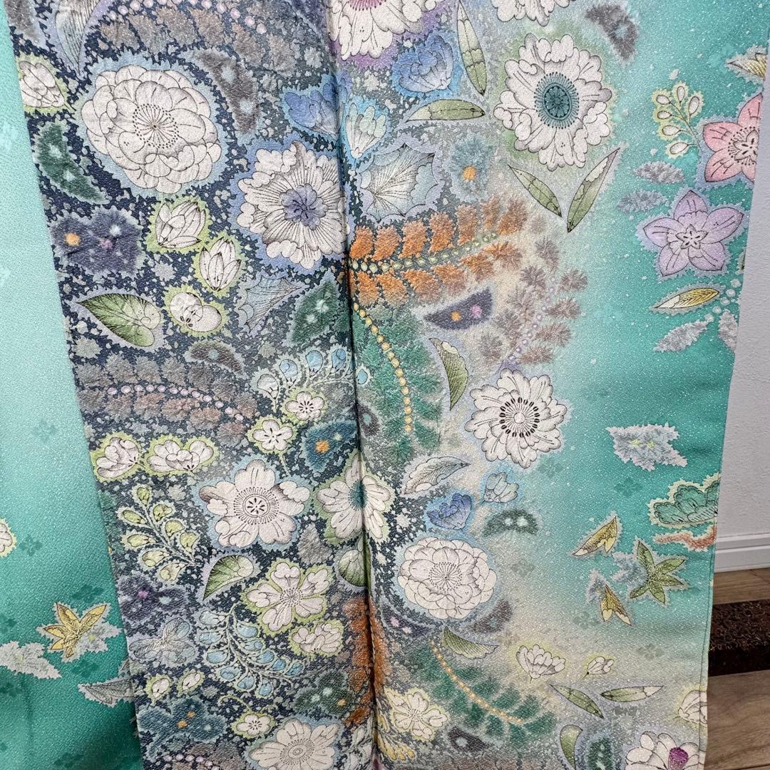 超美品　正絹　袷　広襟　訪問着　167裄66 エメラルド　吉野一廉　落款　辻ヶ花