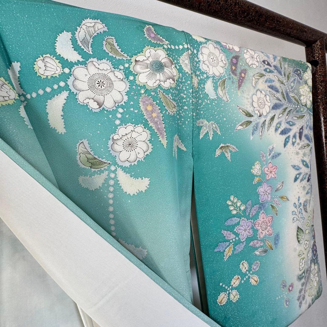 超美品　正絹　袷　広襟　訪問着　167裄66 エメラルド　吉野一廉　落款　辻ヶ花