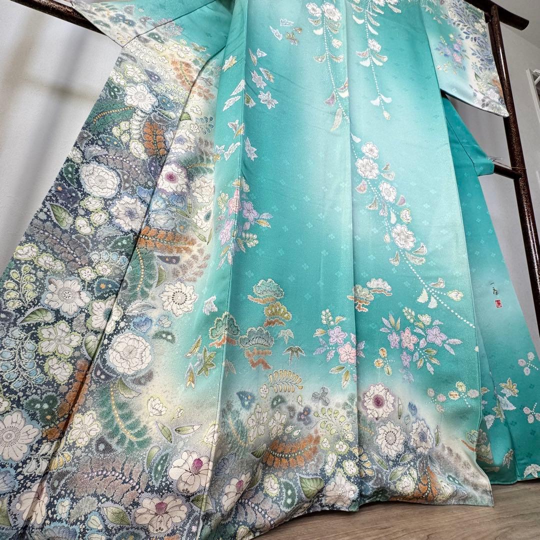 超美品　正絹　袷　広襟　訪問着　167裄66 エメラルド　吉野一廉　落款　辻ヶ花