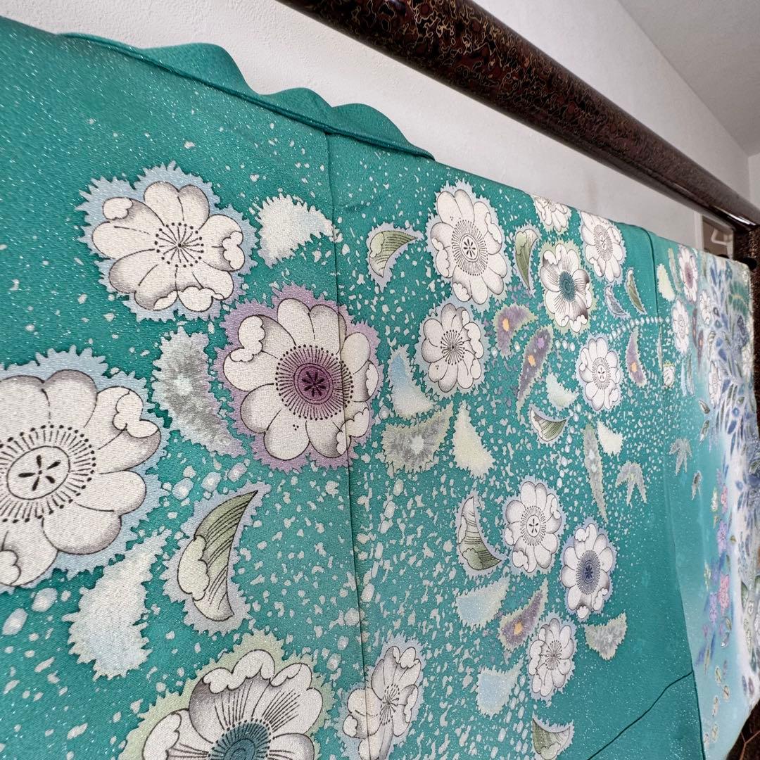 超美品　正絹　袷　広襟　訪問着　167裄66 エメラルド　吉野一廉　落款　辻ヶ花