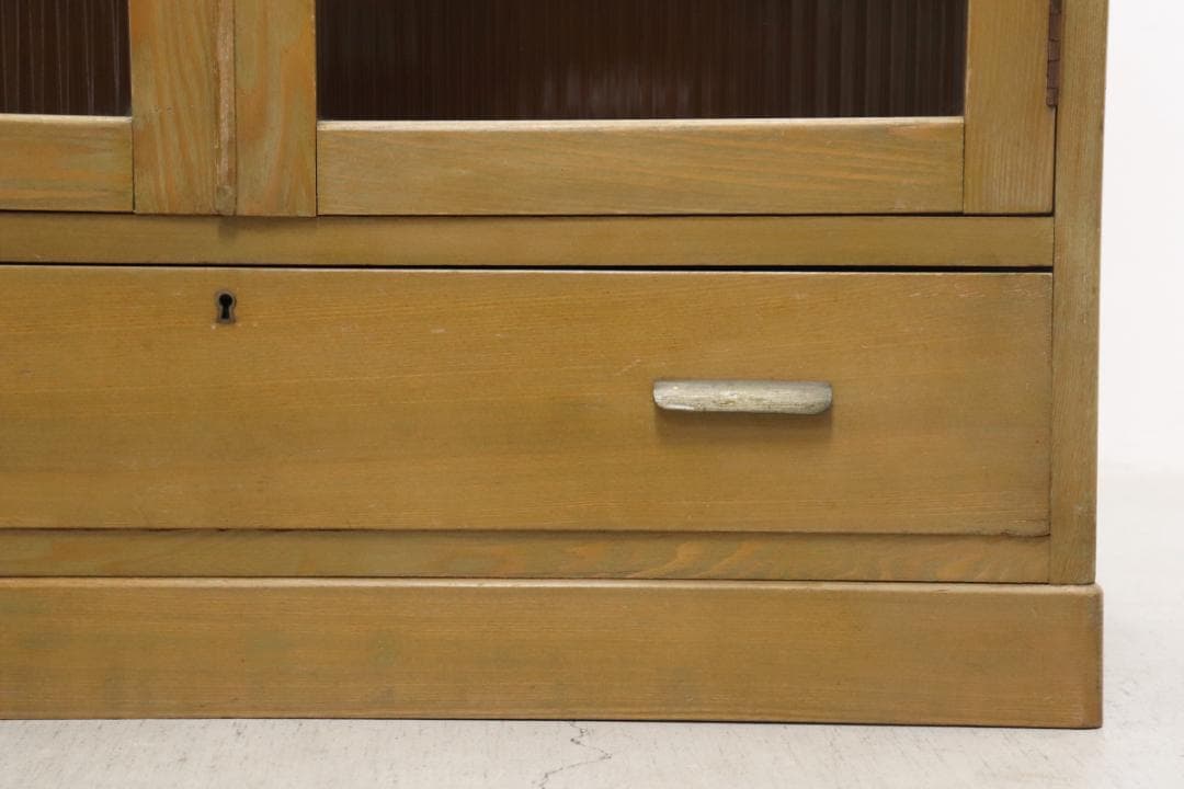 レトロ 無垢材 本箱 食器棚 書庫 戸棚 モールガラス キャビネット 水屋箪笥