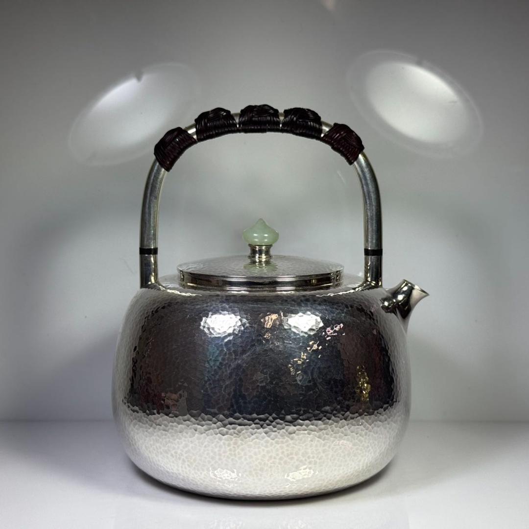 純銀製 一東齋造 湯沸 貴石摘 桐箱付 銀瓶 古美術品 煎茶道具 純銀保証