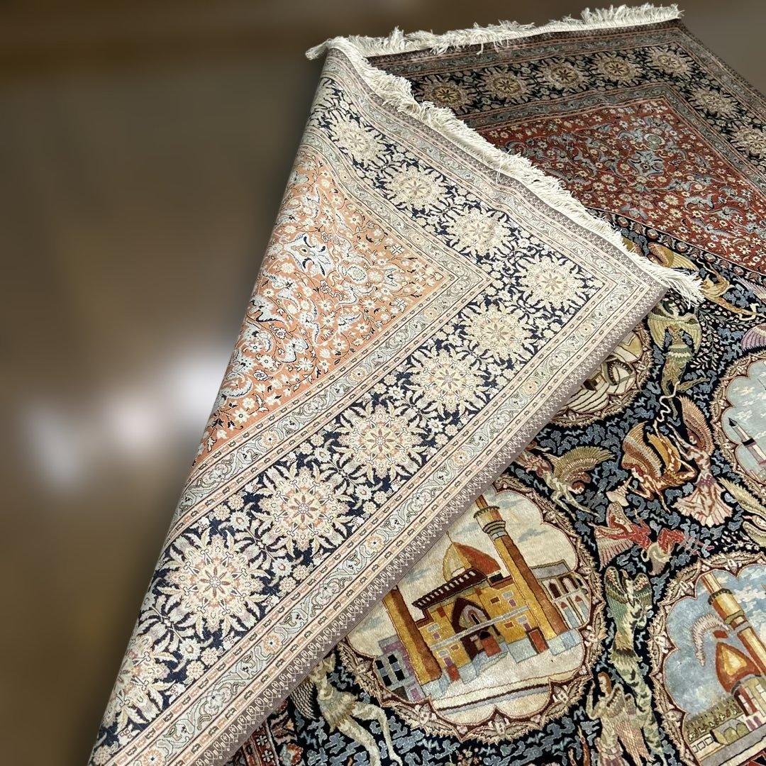 ペルシャ絨毯　宗教的建物細密刺繍ラグ 超美品2100 X1435mm