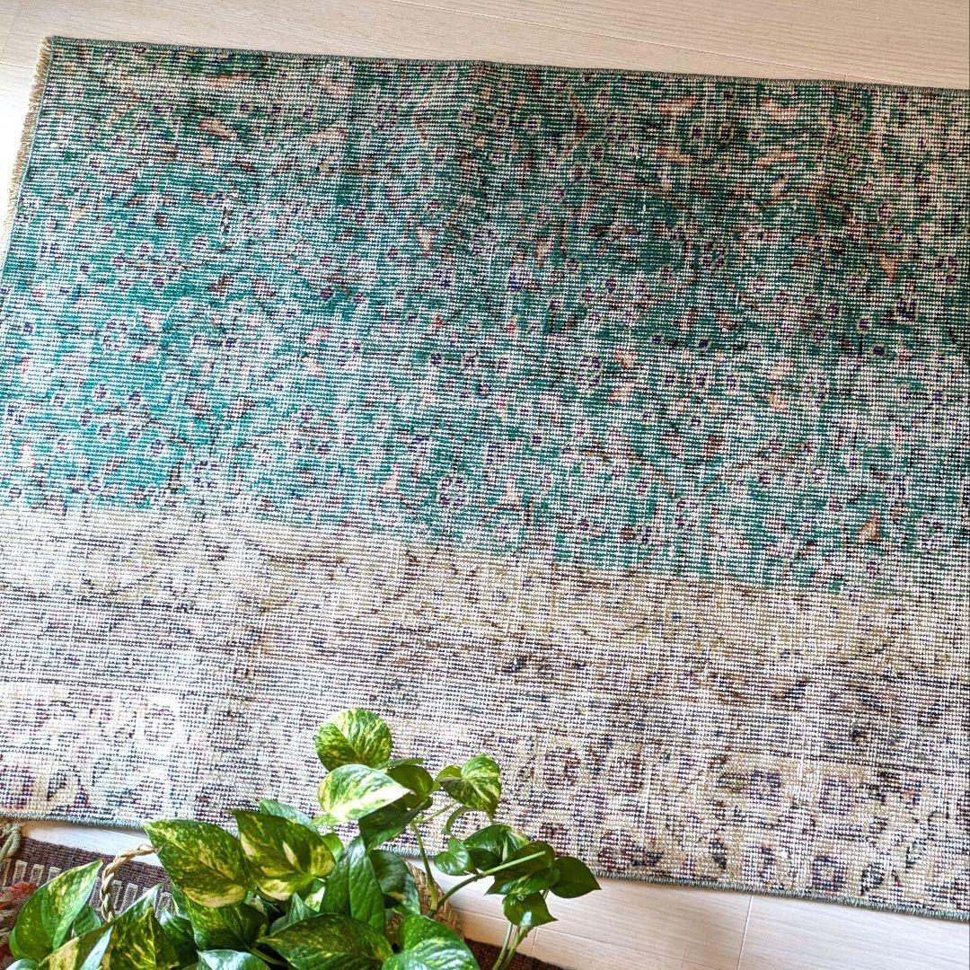 81×169 エメラルドブルー　トルコヴィンテージラグ