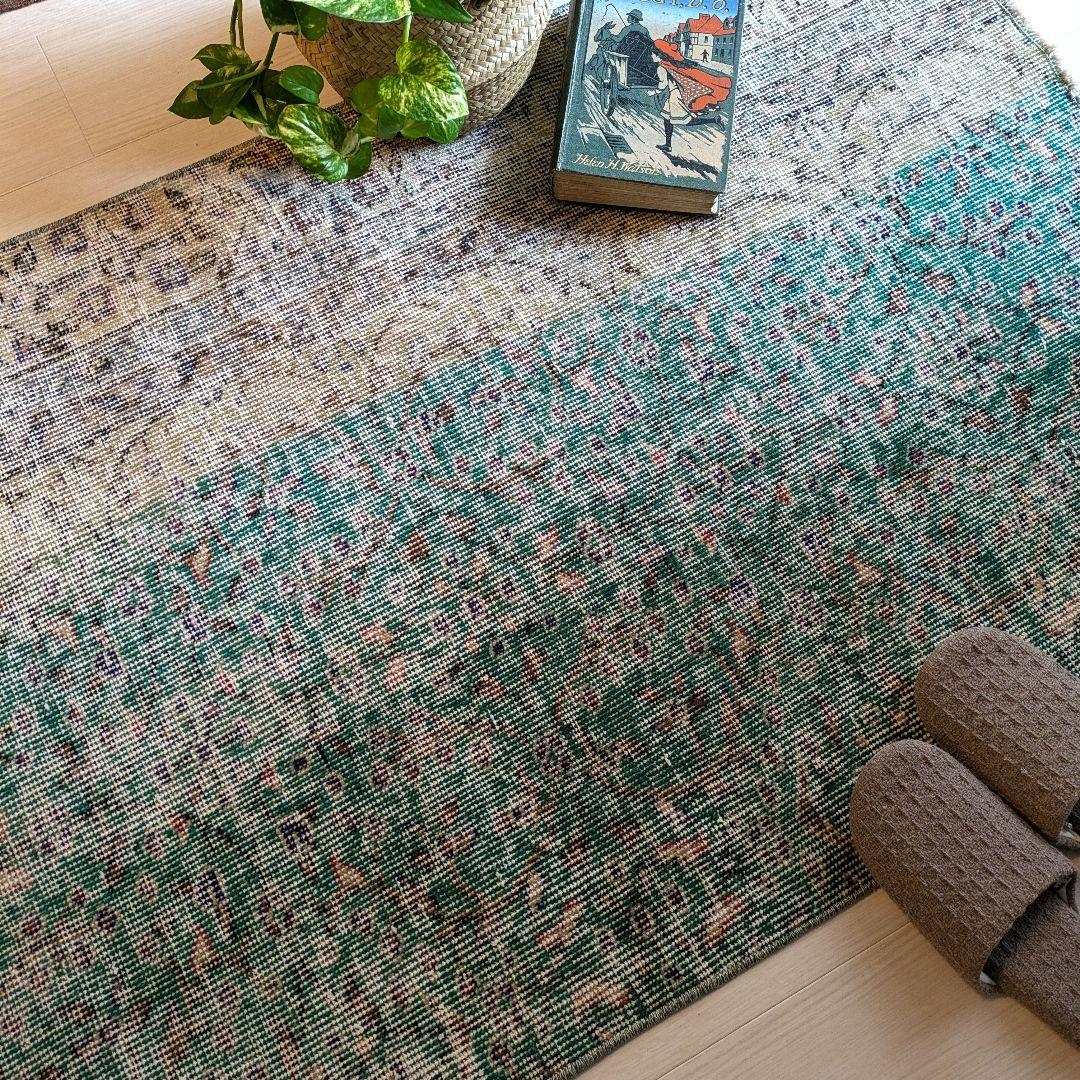 81×169 エメラルドブルー　トルコヴィンテージラグ