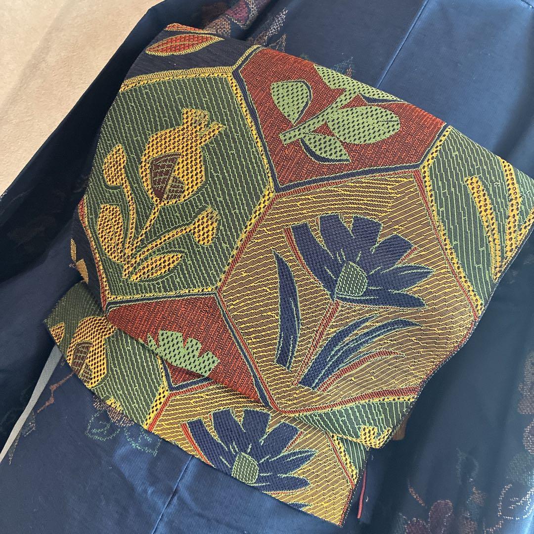 小紋　フルセット　着物　紬　正絹　紺色　大人花紬　G7