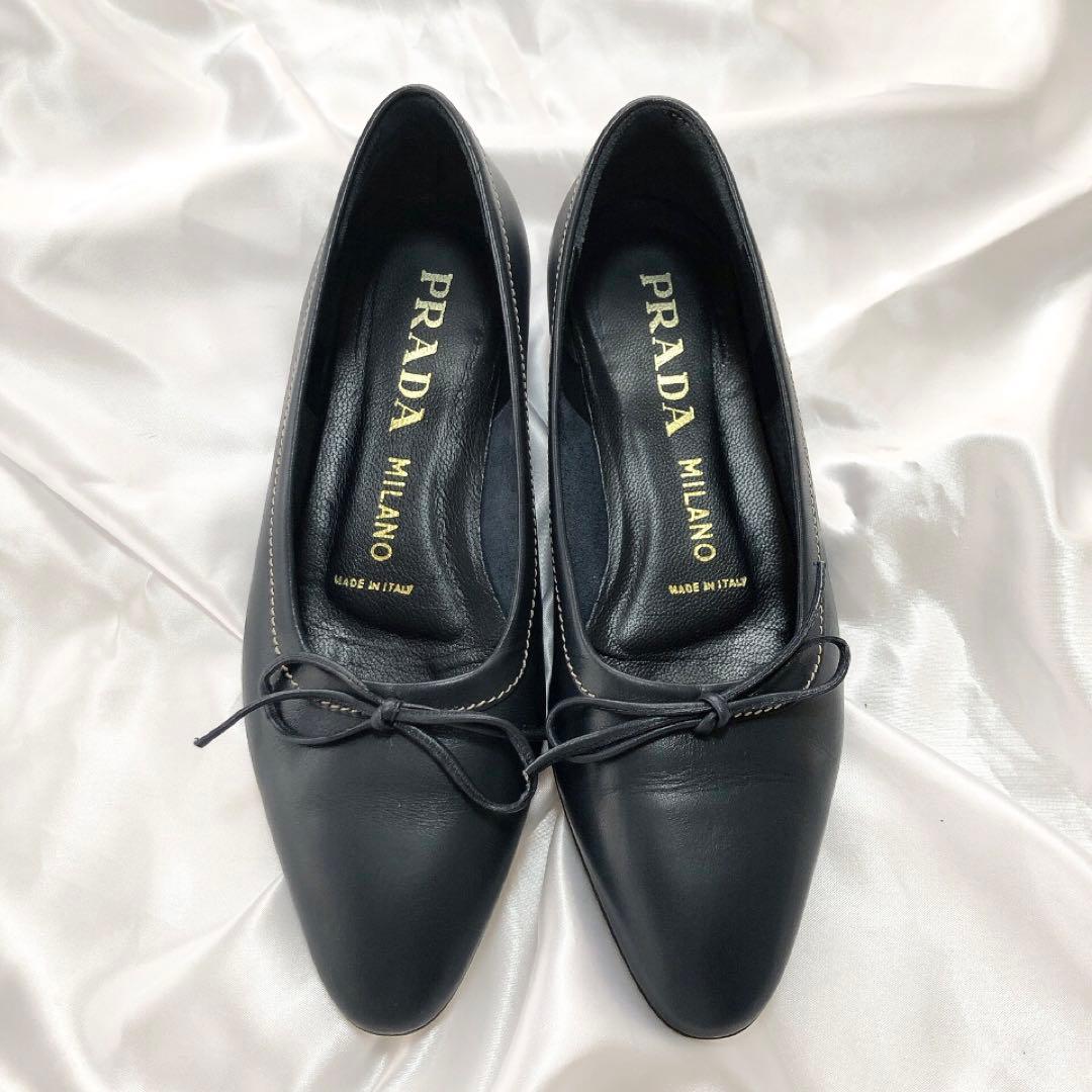 【美品】PRADA プラダ リボンパンプス ローヒール バレエシューズ 37