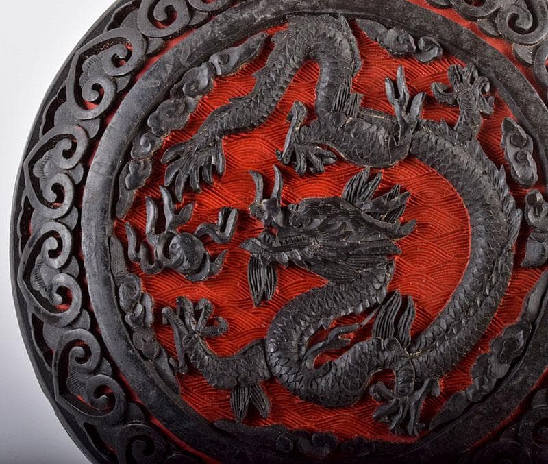 中国　剔紅　堆朱　堆黒　内七宝　雲龍文　三段重箱　H　R5782