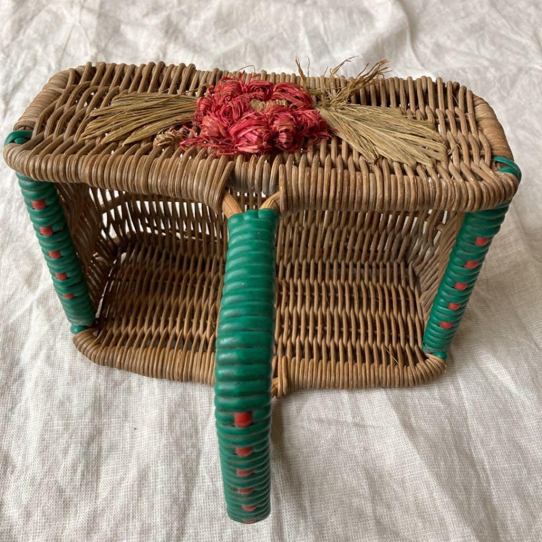 本物イギリスアンティークバスケット　レアミニ　花モチーフ