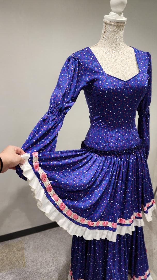フラメンコドレス 青色 カラフル水玉　シージョ付き（中古）