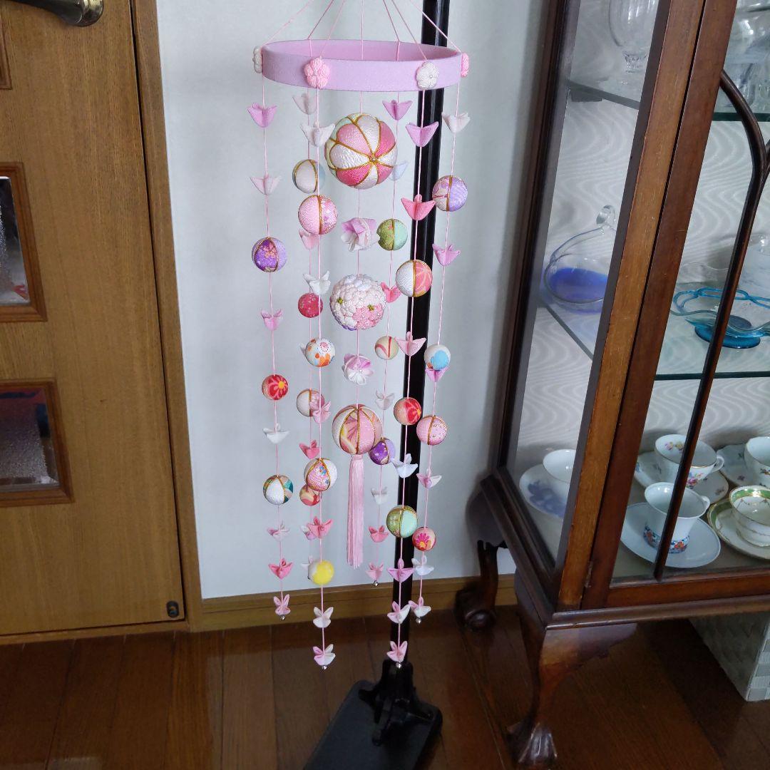 ちりめん細工　お花とまりの下げ飾り(大)　ピンク