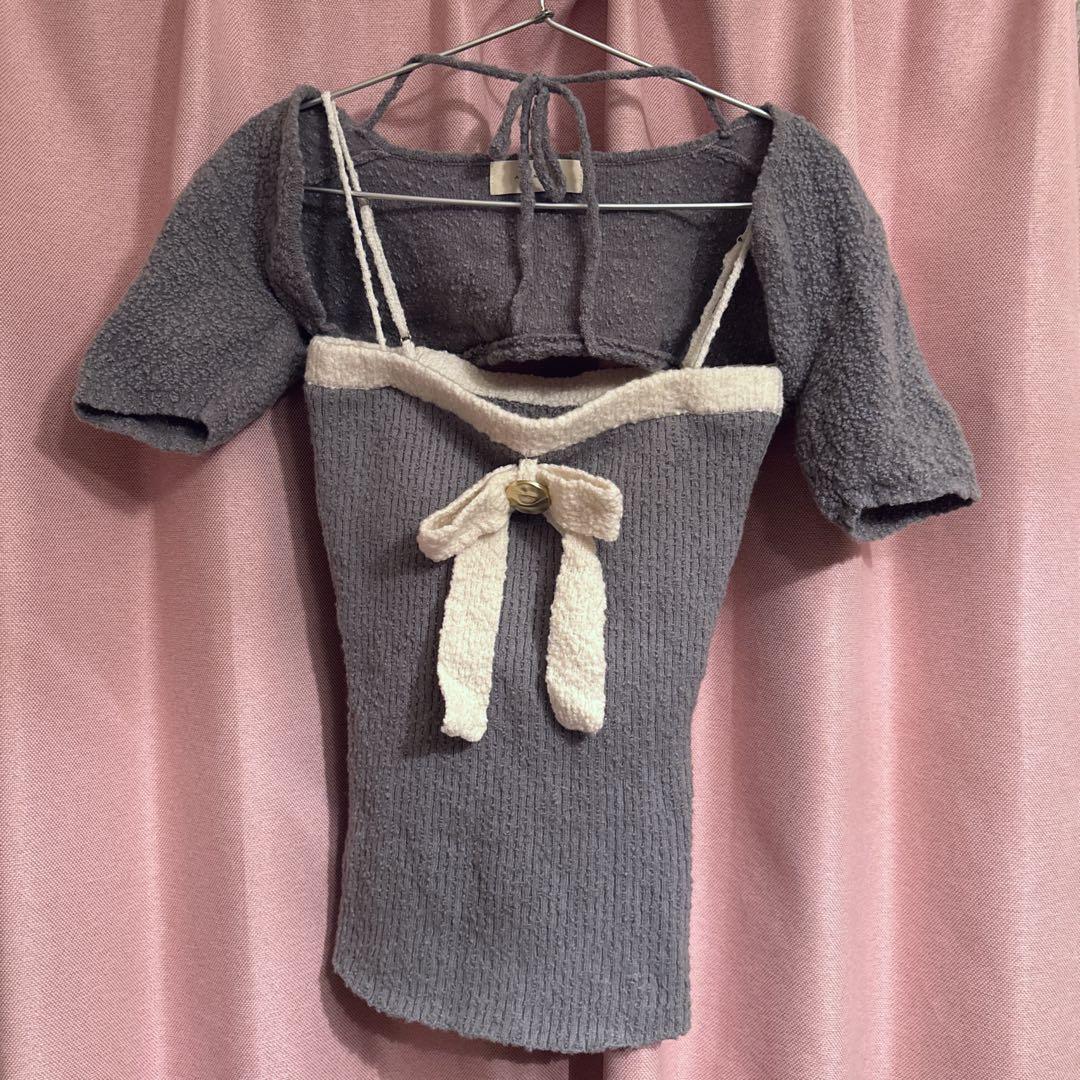 トップス andmary Bicolor ribbon tops color white