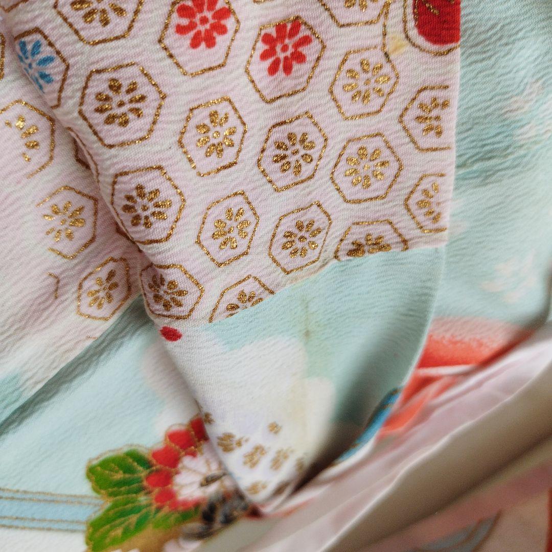 アンティーク白、ブルーの着物と作り帯セット