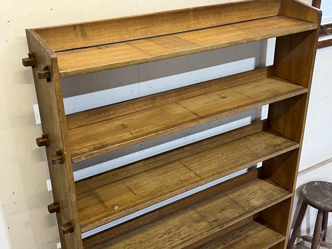 昭和の木製 大型6段薄型シェルフ 楔止 重厚 陳列棚 飾り棚