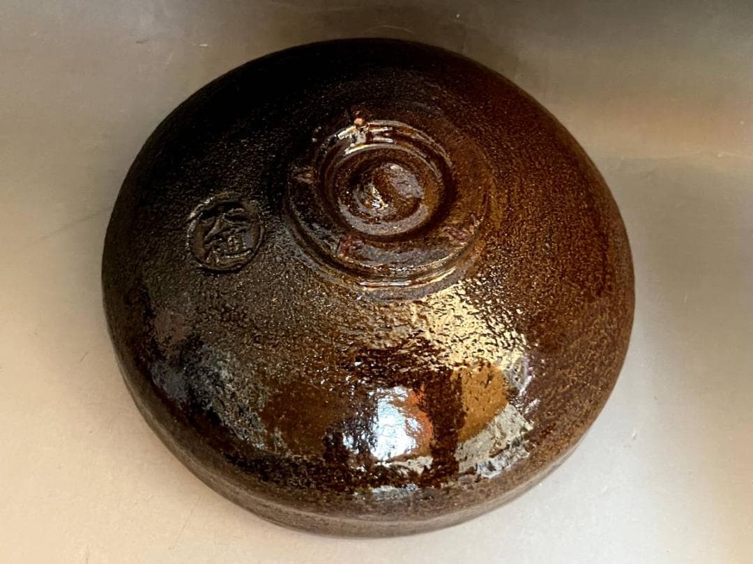 茶碗■大樋焼き【中村長阿弥】馬ダライ型平茶碗 茶釉 桐共箱 お茶道具 骨董品■