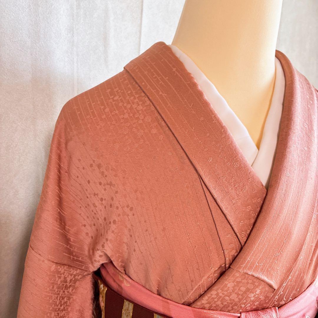 単衣　色無地フルセット　着物　正絹　しつけ糸付き　枝葉地紋　G15