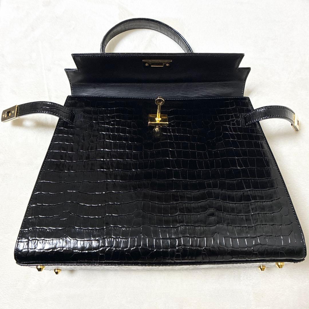 美品 M&K TOKYO クロコダイル シャイニング センター ハンドバッグ 黒