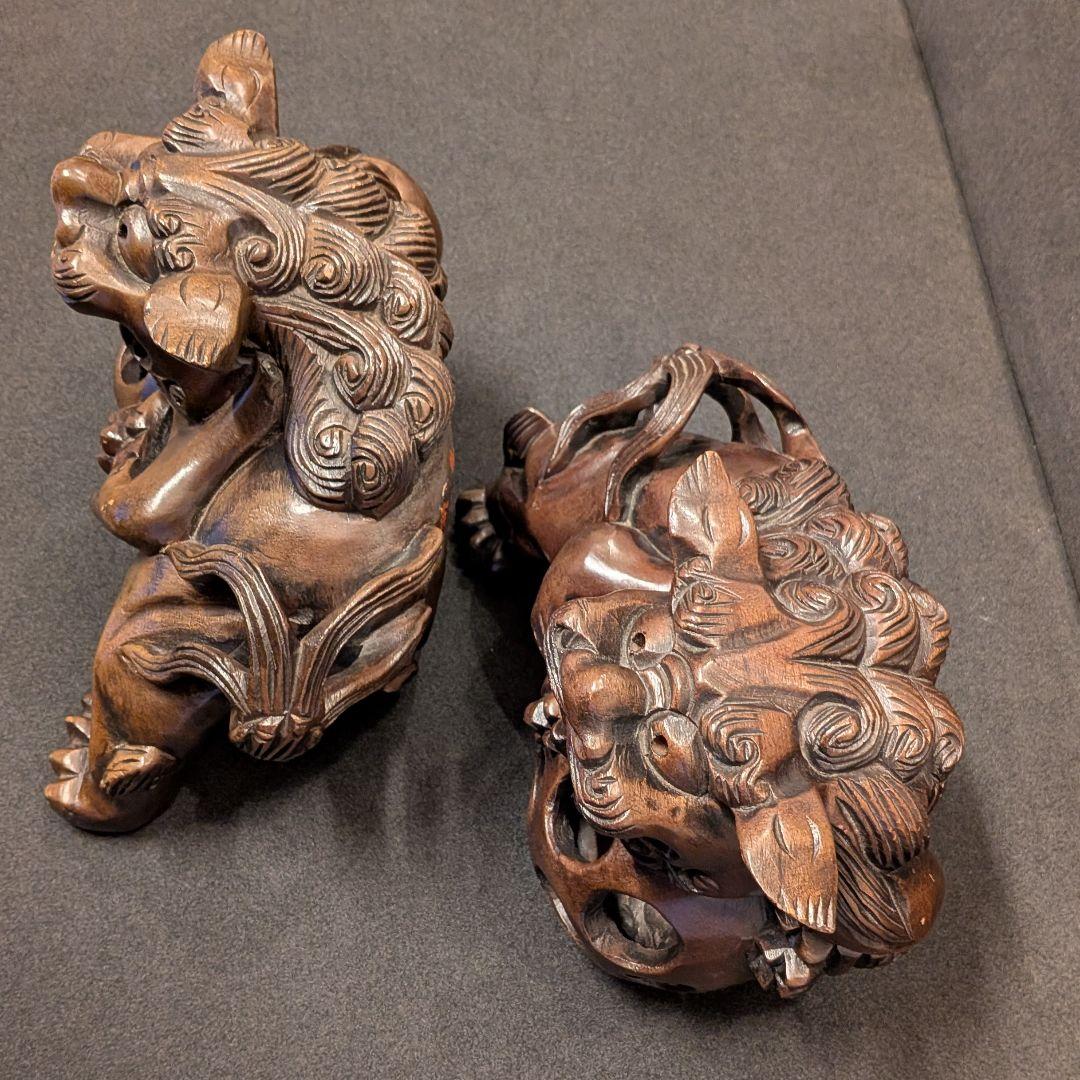 木彫 獅子 置物 一対｜唐獅子 透かし彫り 国際獅子会 敬贈 縁起物