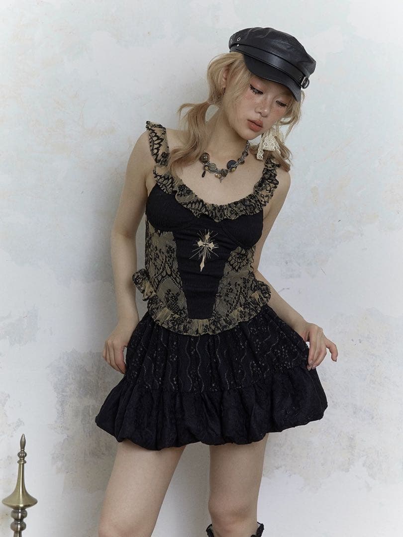 ブラック ブラウン キャミソール レース 2way 刺繍 クロス