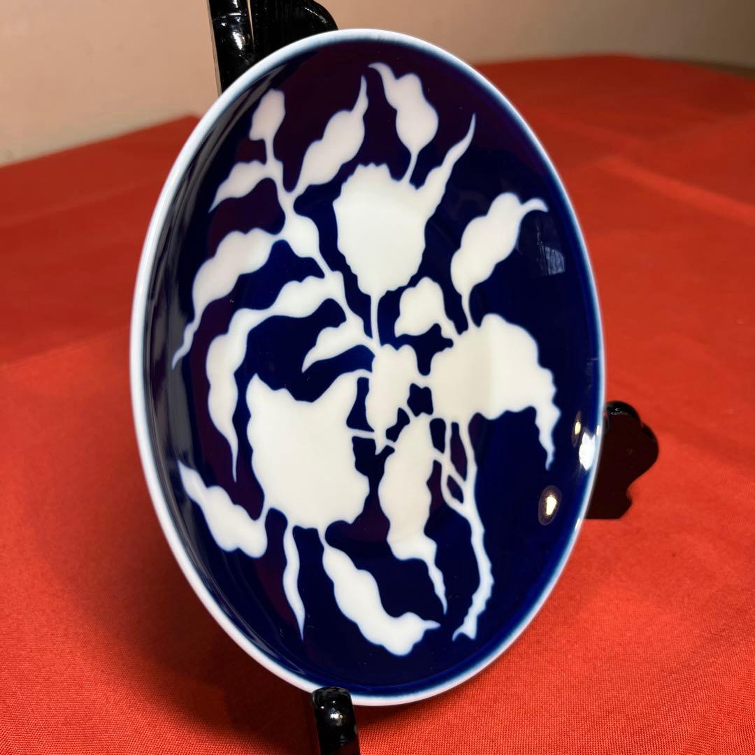 深川製磁「明染付白抜紋取皿五枚揃え」