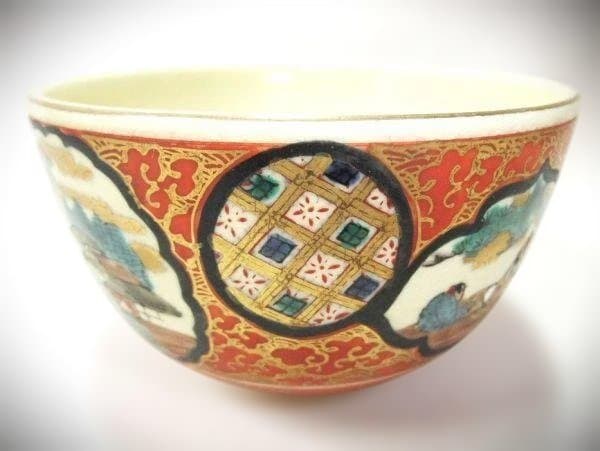 九谷焼 庄三 金彩色絵茶碗 窓絵 古式図 赤絵 茶道具 抹茶茶碗