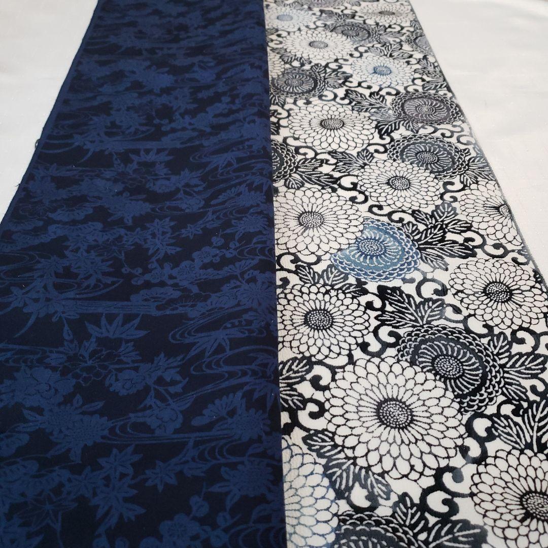 半幅帯 正絹 手差し紅型調 藍染め結城紬 長尺リバーシブル