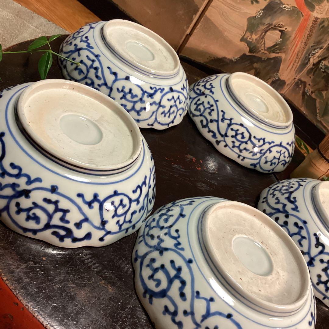 A1026 古伊万里　染付　微塵唐草模様　膾皿　　5客