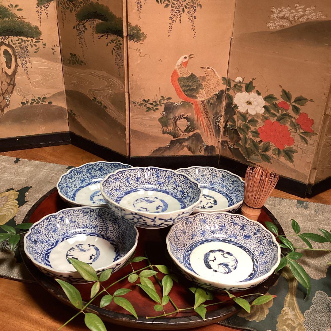 A1026 古伊万里　染付　微塵唐草模様　膾皿　　5客