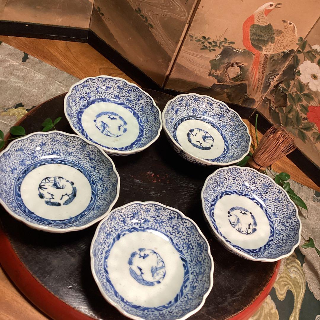 A1026 古伊万里　染付　微塵唐草模様　膾皿　　5客