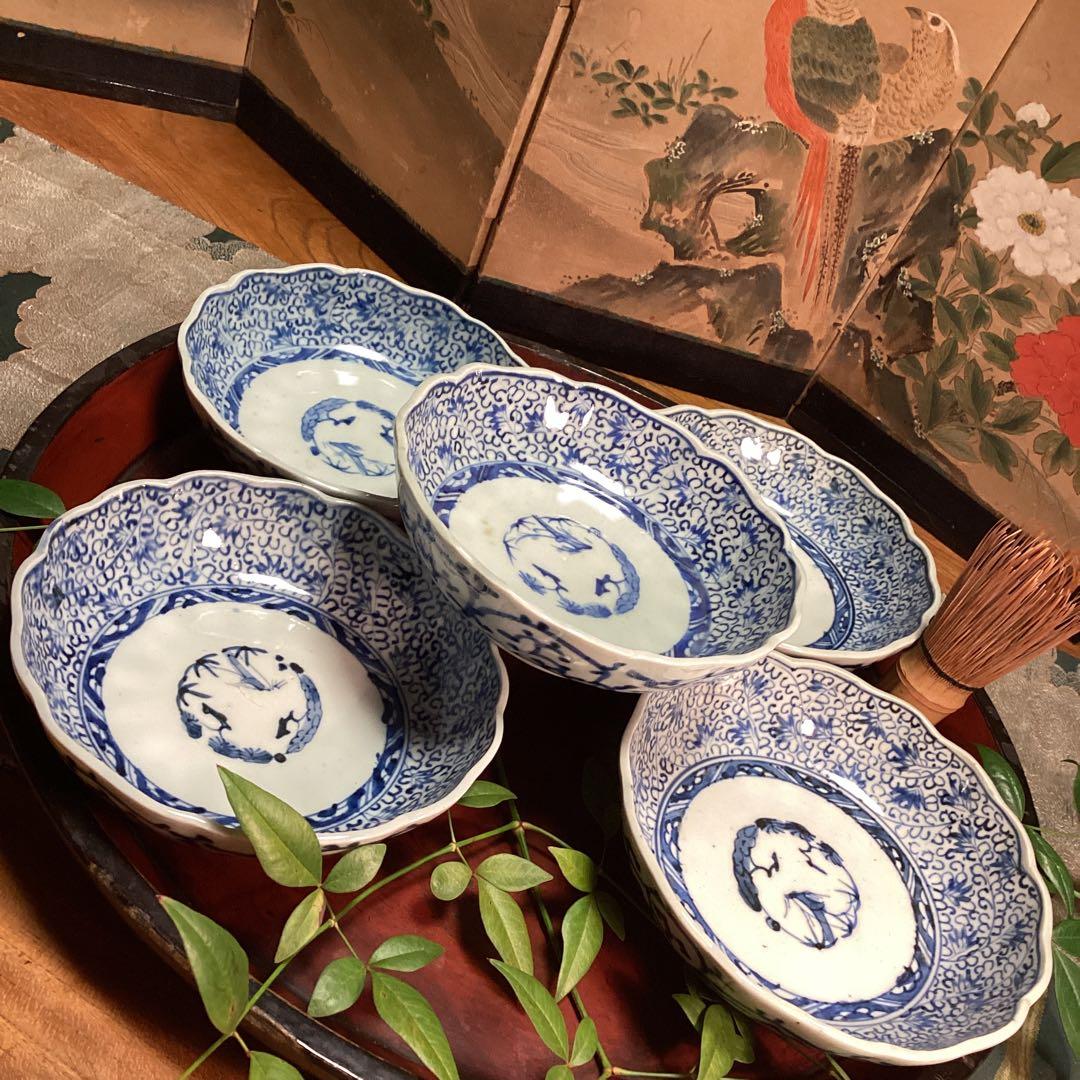 A1026 古伊万里　染付　微塵唐草模様　膾皿　　5客