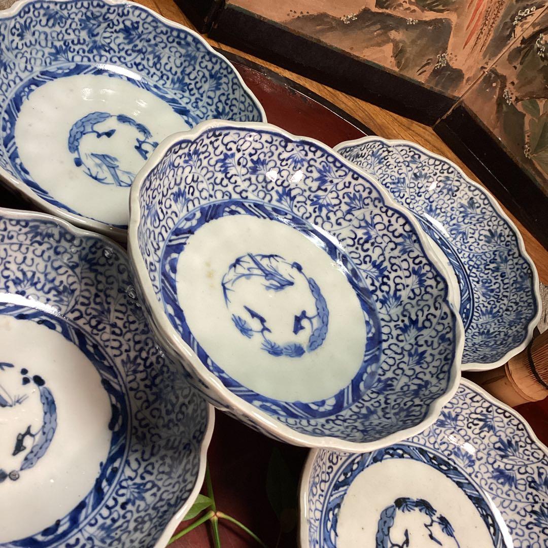 A1026 古伊万里　染付　微塵唐草模様　膾皿　　5客