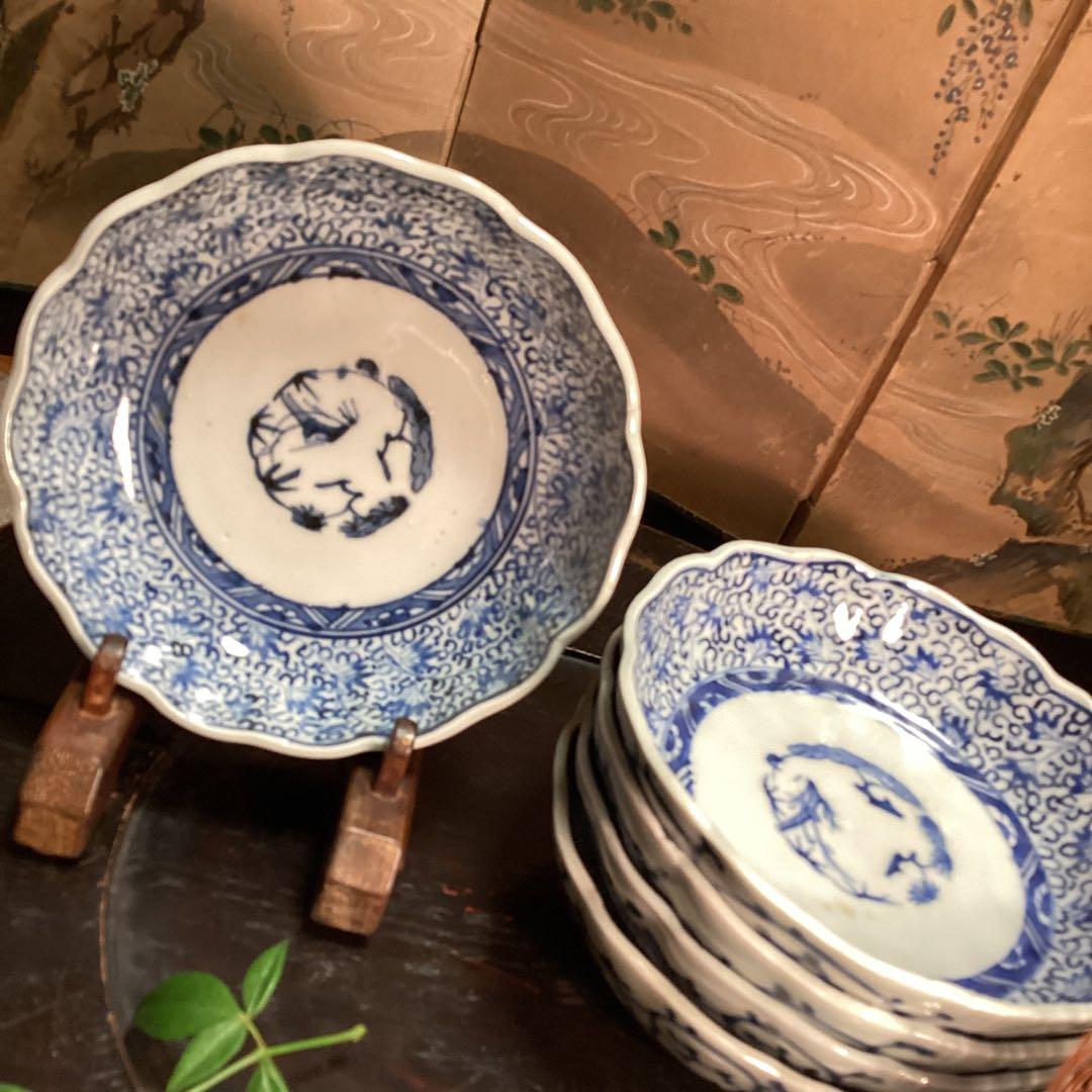 A1026 古伊万里　染付　微塵唐草模様　膾皿　　5客