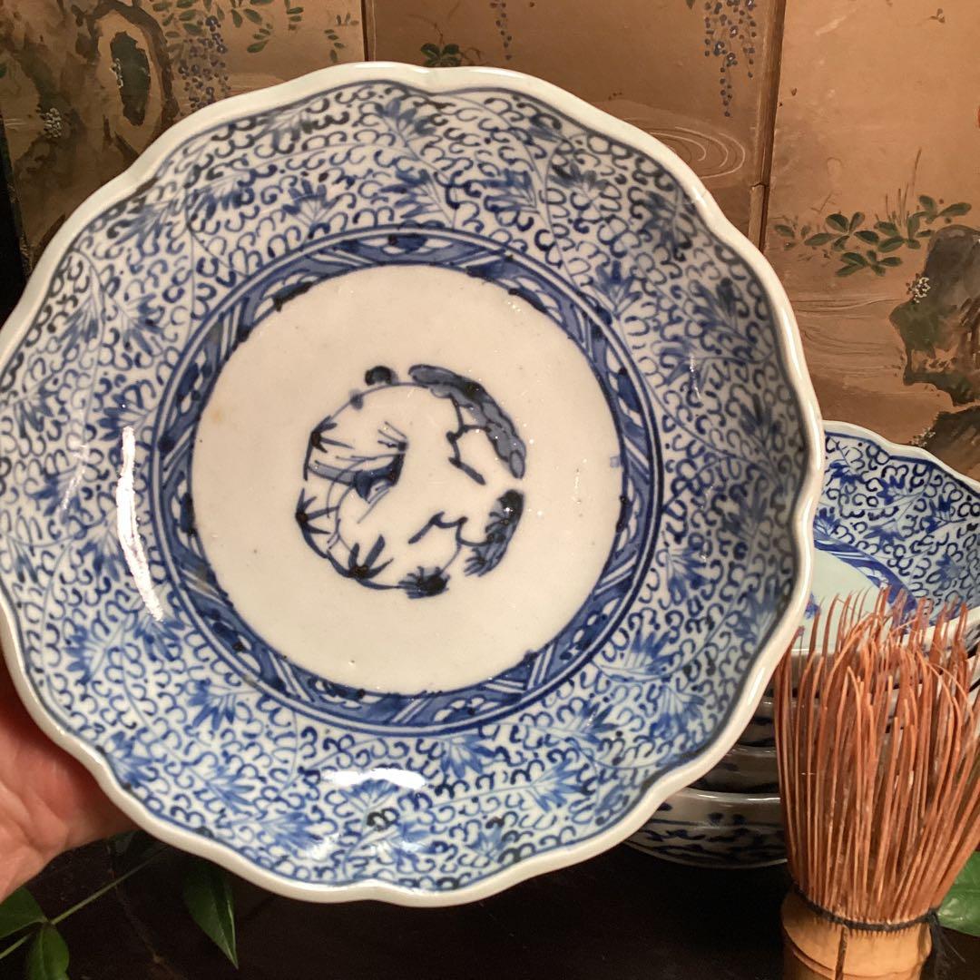 A1026 古伊万里　染付　微塵唐草模様　膾皿　　5客