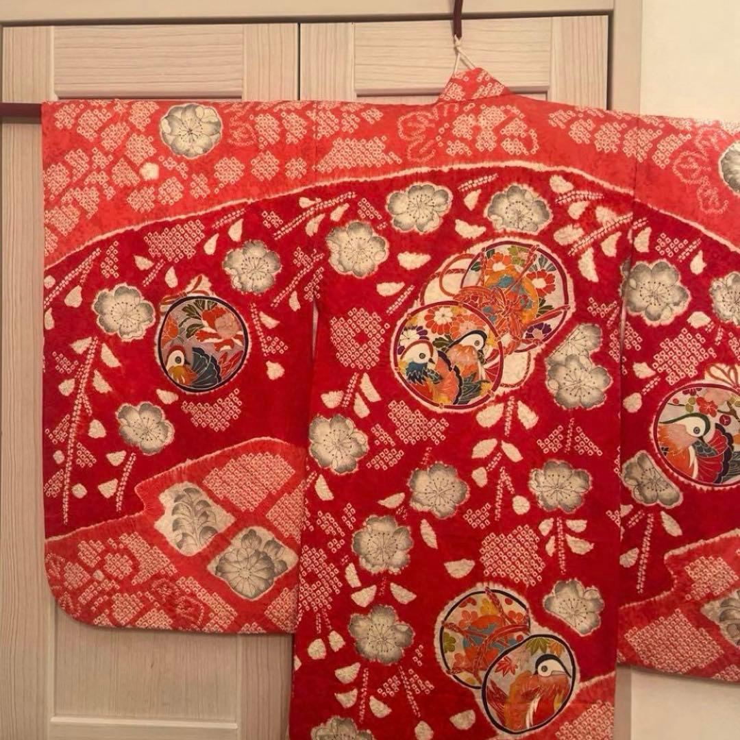 七五三 着物 女の子 正絹 本絞り 手描き友禅 古典柄 赤 長襦袢セット