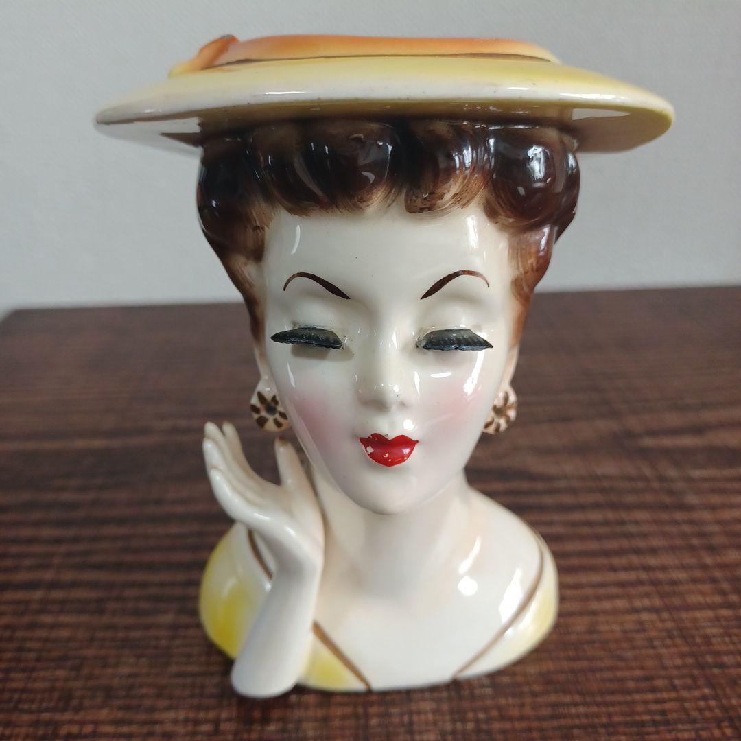 ビンテージ レディヘッドベース 陶器製置物花瓶　右手を頬の添えた美女3点セット