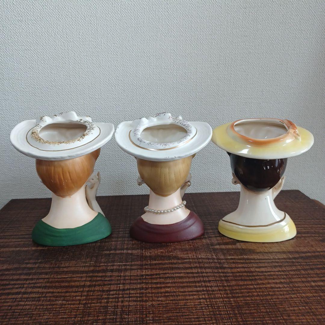 ビンテージ レディヘッドベース 陶器製置物花瓶　右手を頬の添えた美女3点セット