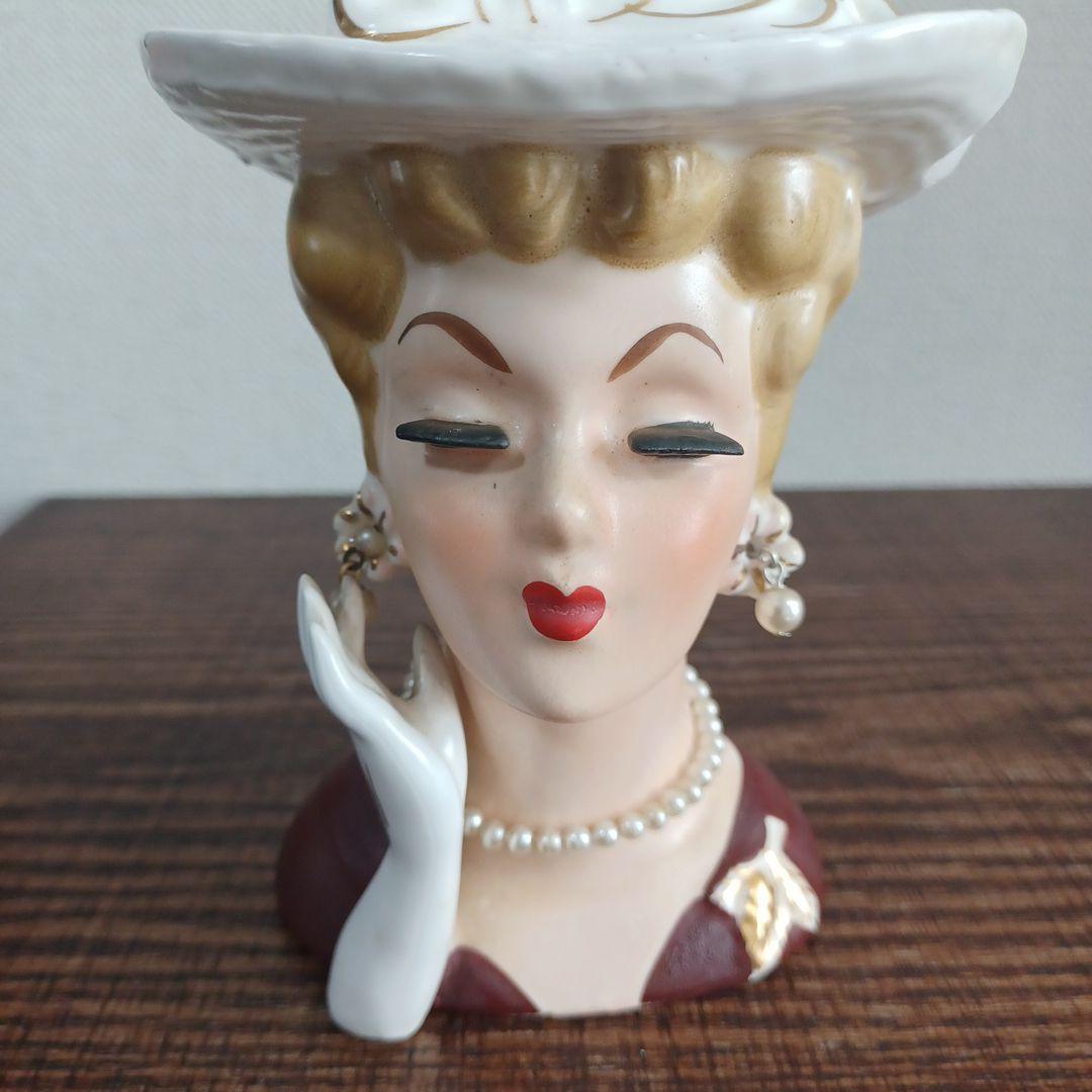 ビンテージ レディヘッドベース 陶器製置物花瓶　右手を頬の添えた美女3点セット