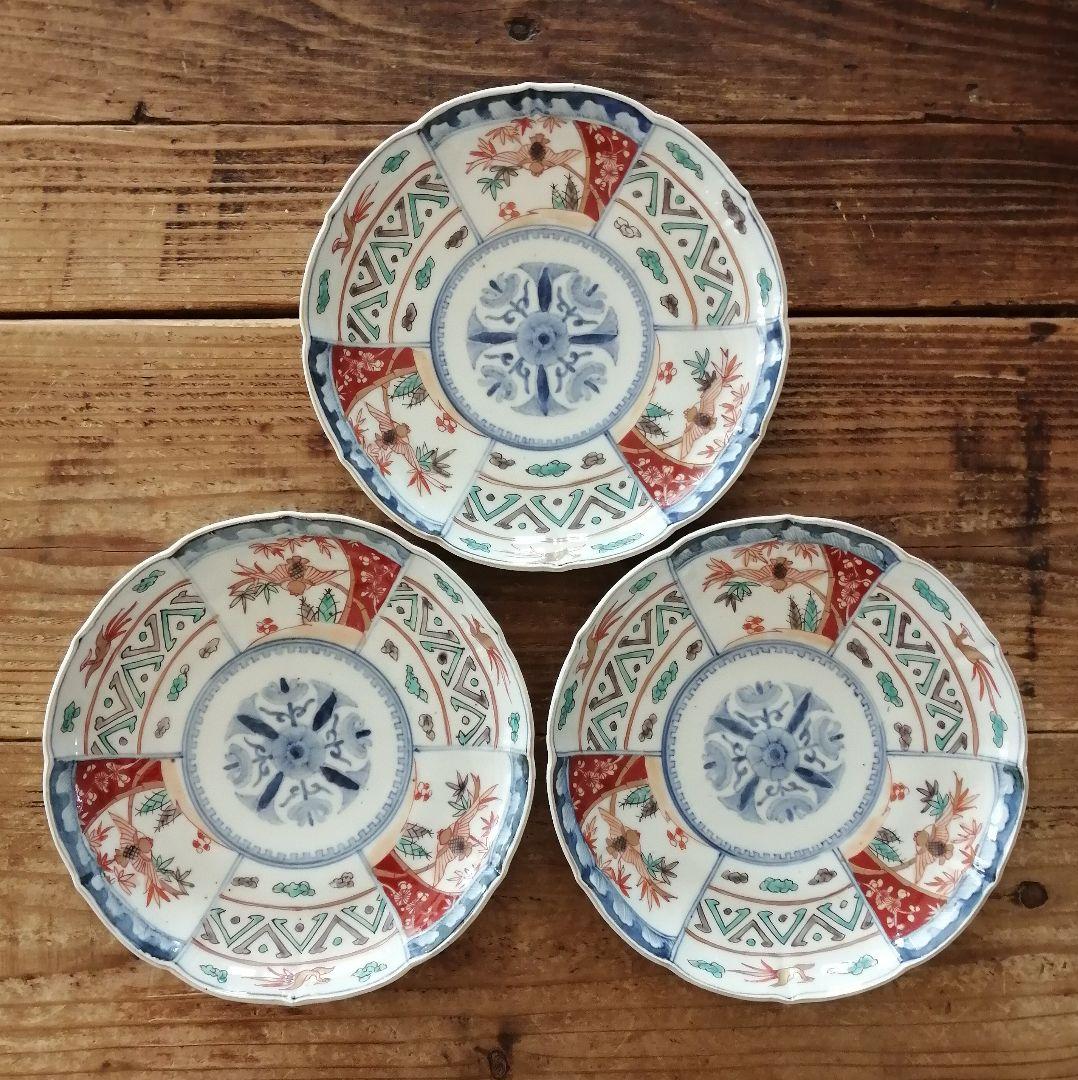 古伊万里　色絵　ふくら雀と鳳凰　輪花縁　七寸皿　３客