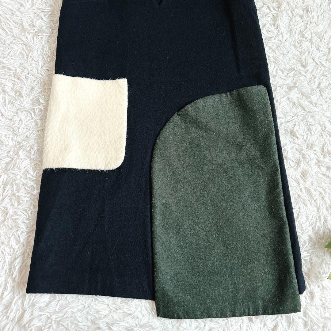 美品⁂エンフォルド⁂ メルトンオーバーパッチワークポケットワンピース　紺色　M