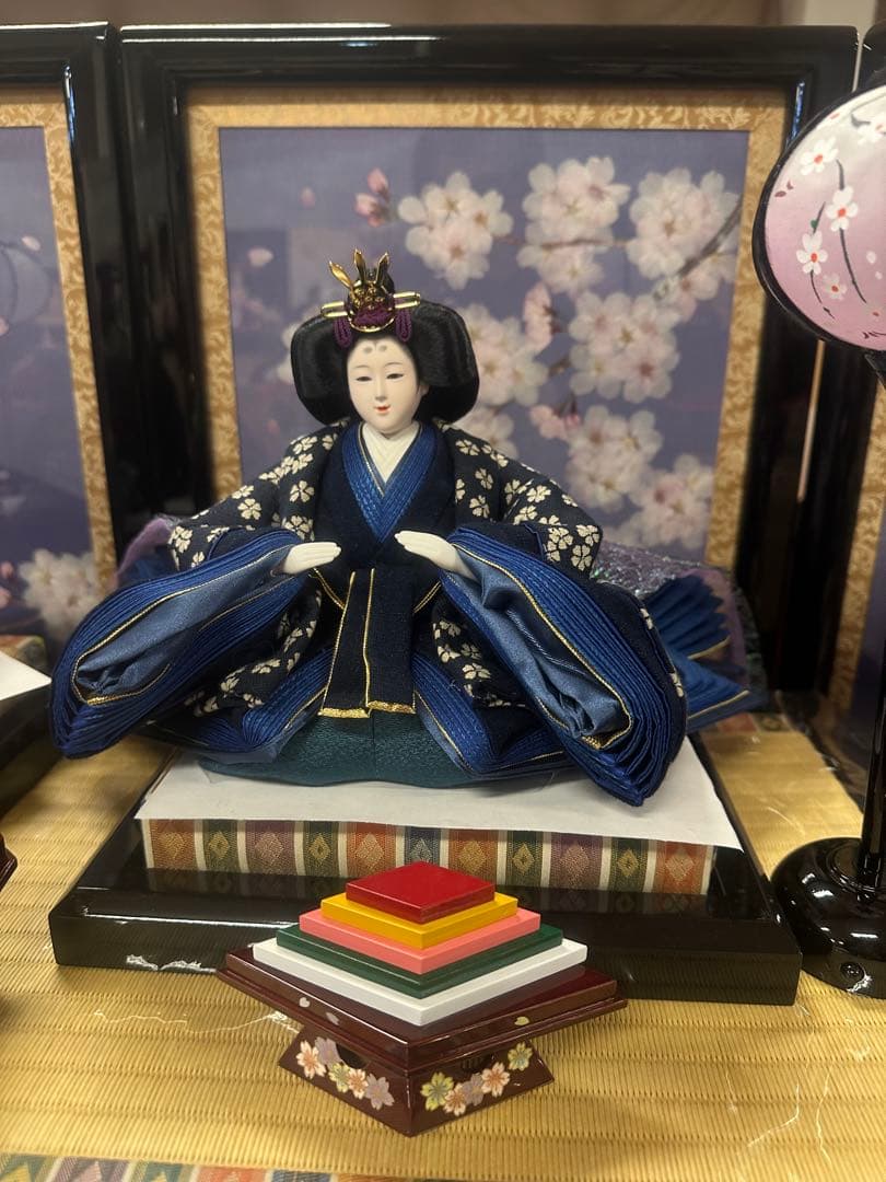 高級 雛人形 三段飾り 藍染衣装 押し花 木製道具 新品未使用 展示品