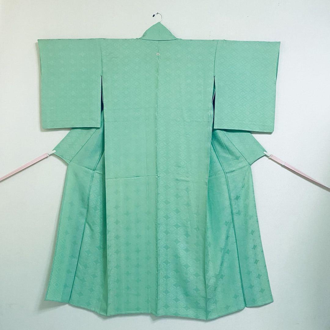 美品　単衣　正絹　紋付　色無地　フルセット　七宝に花菱地紋　西陣唐織袋帯　マ8