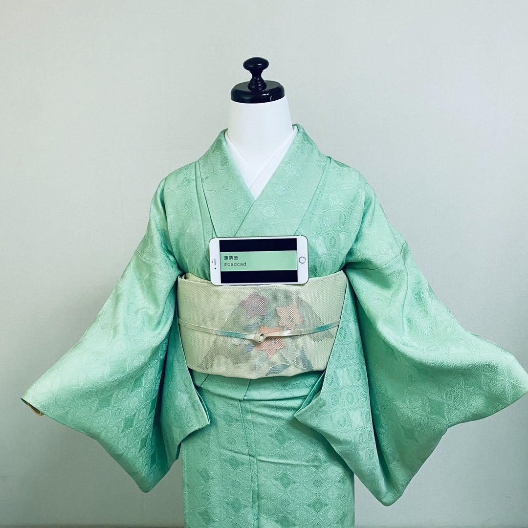 美品　単衣　正絹　紋付　色無地　フルセット　七宝に花菱地紋　西陣唐織袋帯　マ8