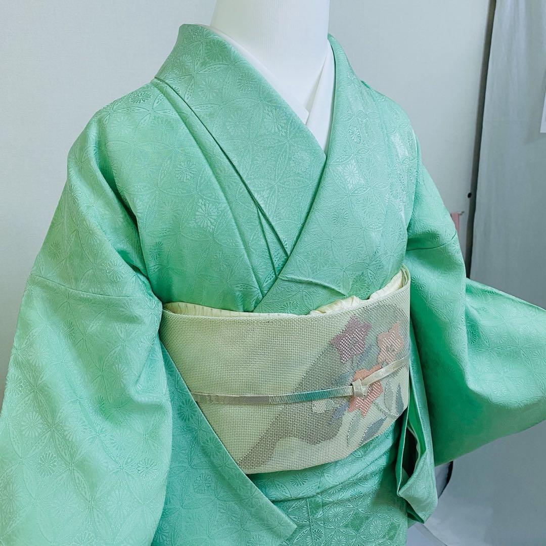 美品　単衣　正絹　紋付　色無地　フルセット　七宝に花菱地紋　西陣唐織袋帯　マ8