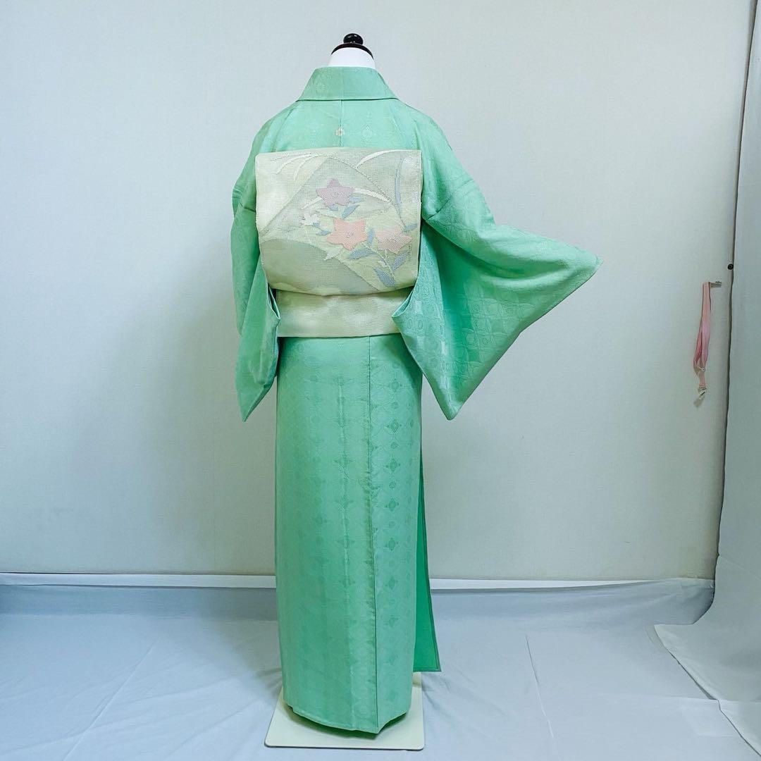 美品　単衣　正絹　紋付　色無地　フルセット　七宝に花菱地紋　西陣唐織袋帯　マ8