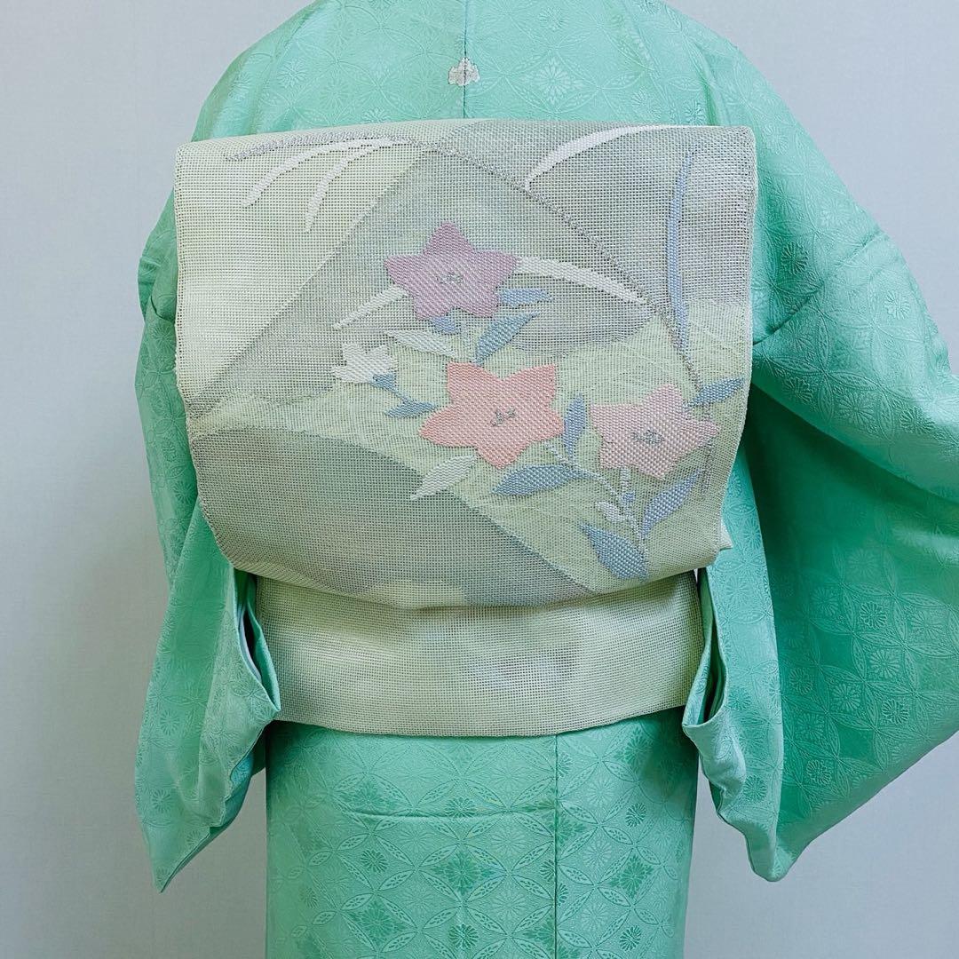 美品　単衣　正絹　紋付　色無地　フルセット　七宝に花菱地紋　西陣唐織袋帯　マ8